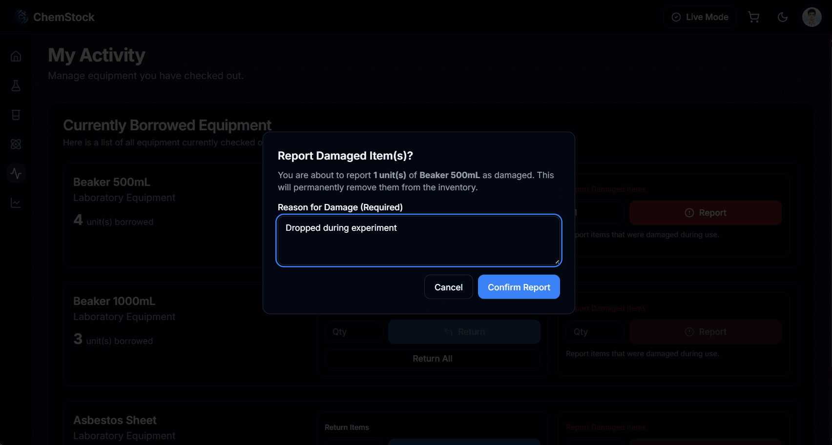 ChemStock activity log showing user-wise audit trail of inventory actions, usage records, and equipment checkouts