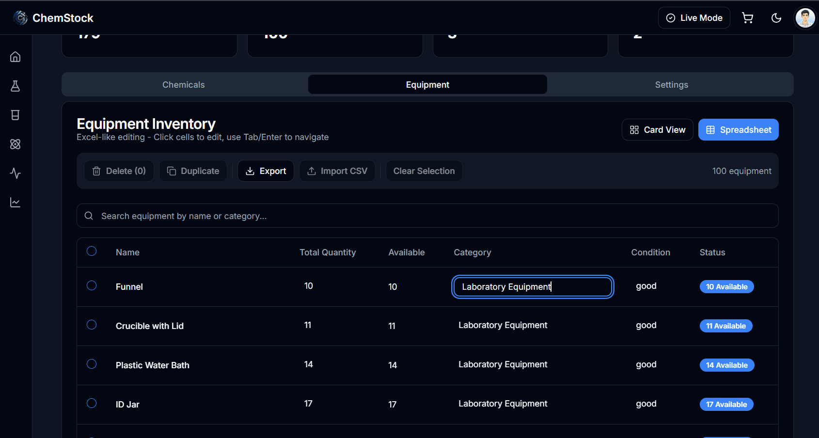 ChemStock admin panel with database backup, restore, user management, and operational controls